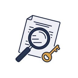 書類に虫眼鏡が重なり、横に鍵が置かれているアイコン